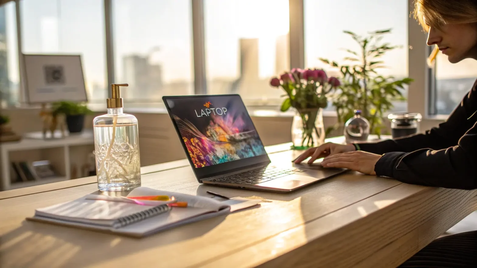 Profesional kreatif merancang visual parfum menggunakan AI di laptop.