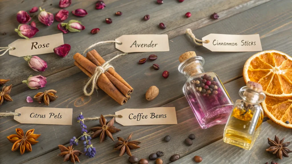 Bahan-bahan alami untuk maserasi parfum, termasuk mawar kering, lavender, kayu manis, adas bintang, kulit jeruk, biji kopi, dan botol kaca berisi cairan berwarna, di atas meja kayu.