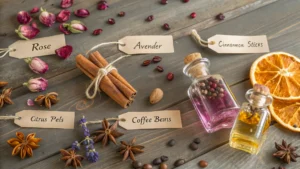Bahan-bahan alami untuk maserasi parfum, termasuk mawar kering, lavender, kayu manis, adas bintang, kulit jeruk, biji kopi, dan botol kaca berisi cairan berwarna, di atas meja kayu.