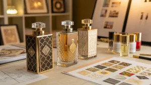 Tiga botol parfum dan sampel bahan baku di atas meja kerja