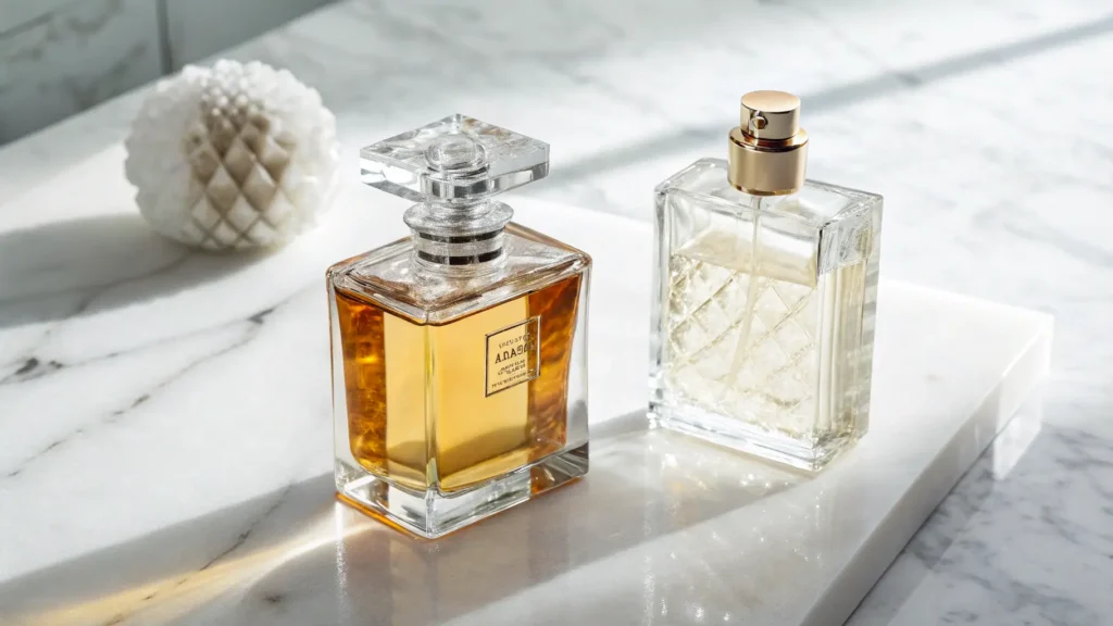 Dua botol parfum dengan warna cairan berbeda tanda kedaluwarsa.