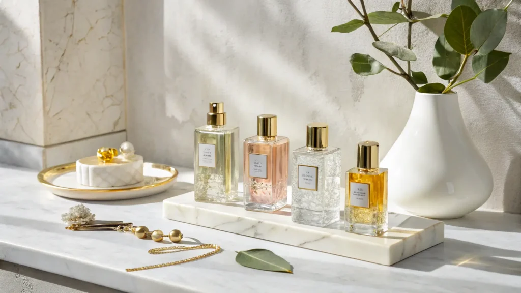 Empat botol parfum lokal elegan di atas rak marmer.
