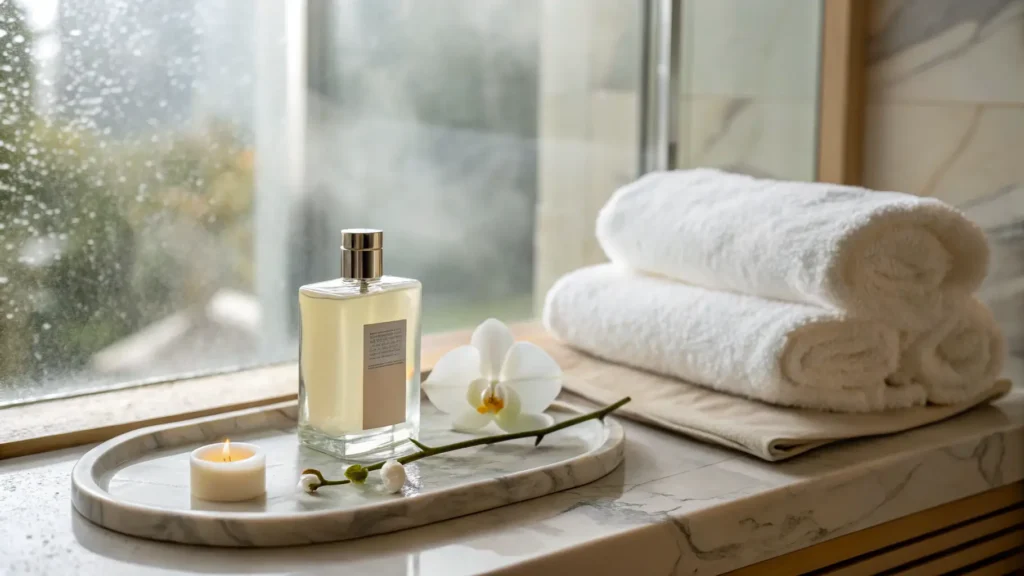 Botol perfumed body wash untuk relaksasi di kamar mandi mewah.