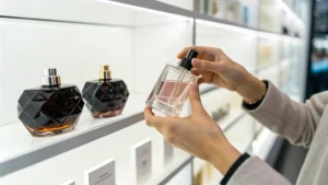 Tangan seseorang memegang botol parfum bening di rak toko.