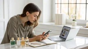 Seorang wanita merencanakan konten promosi untuk brand parfum di mejanya.