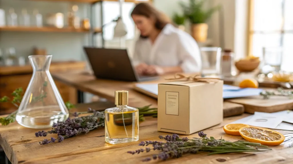 Pemilik brand parfum bekerja di laptop untuk mendaftarkan HKI merek di samping produknya.