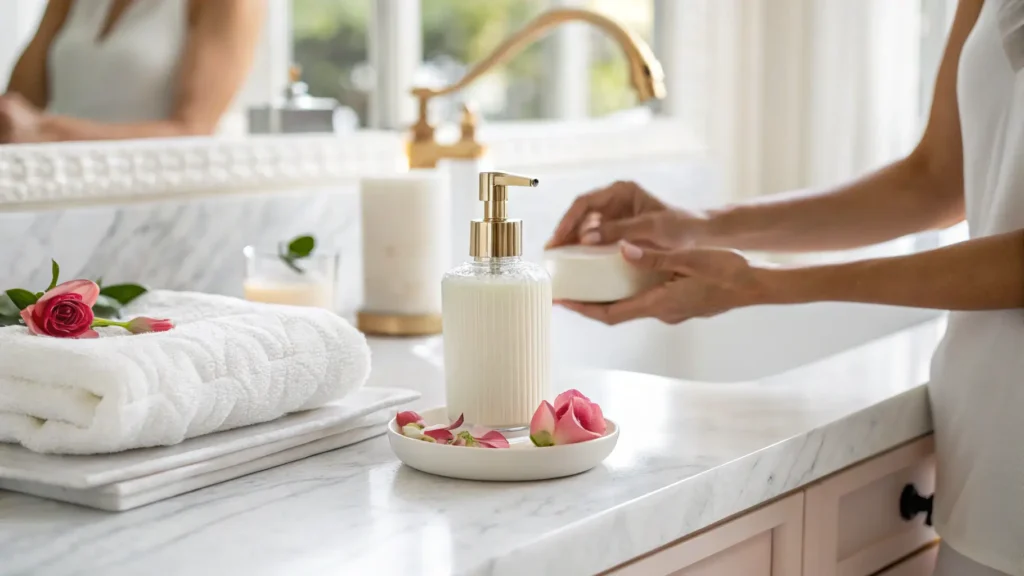 Seseorang mengaplikasikan perfumed body lotion untuk merawat kulit.