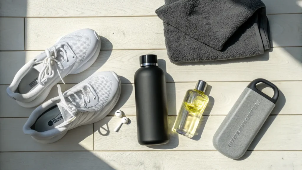 Flat lay perlengkapan olahraga: sepatu putih, botol minum, handuk, dan sebotol parfum aroma citrus.