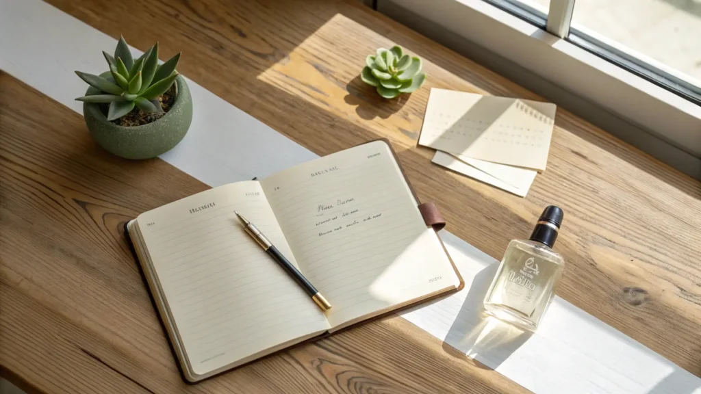 Meja kerja dengan buku catatan untuk menulis ide tagline parfum.