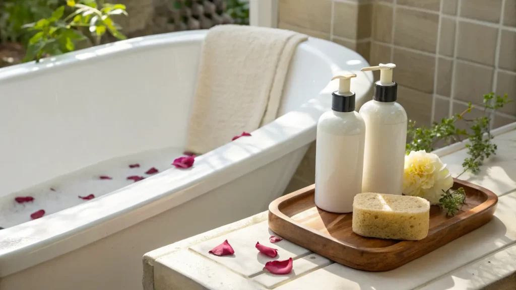 Dua botol body wash di atas nampan kayu di samping bathtub dengan kelopak bunga.