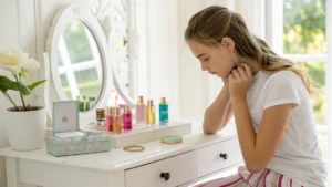 Remaja perempuan di depan meja rias sedang memilih parfum.