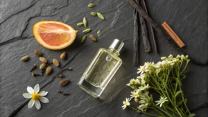 Botol parfum dikelilingi bahan alaminya: jeruk, vanila, dan bunga.