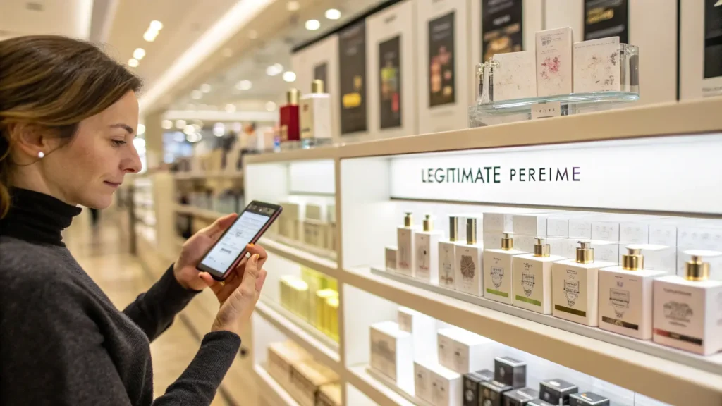 Wanita di toko parfum sedang mengecek produk di ponselnya.