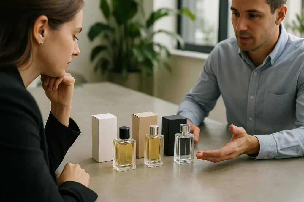 Seorang wanita sedang berdiskusi dengan supplier parfum mengenai pilihan produk.