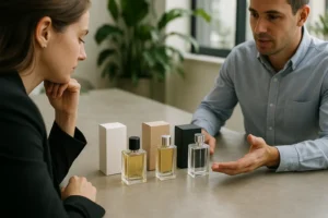 Seorang wanita sedang berdiskusi dengan supplier parfum mengenai pilihan produk.