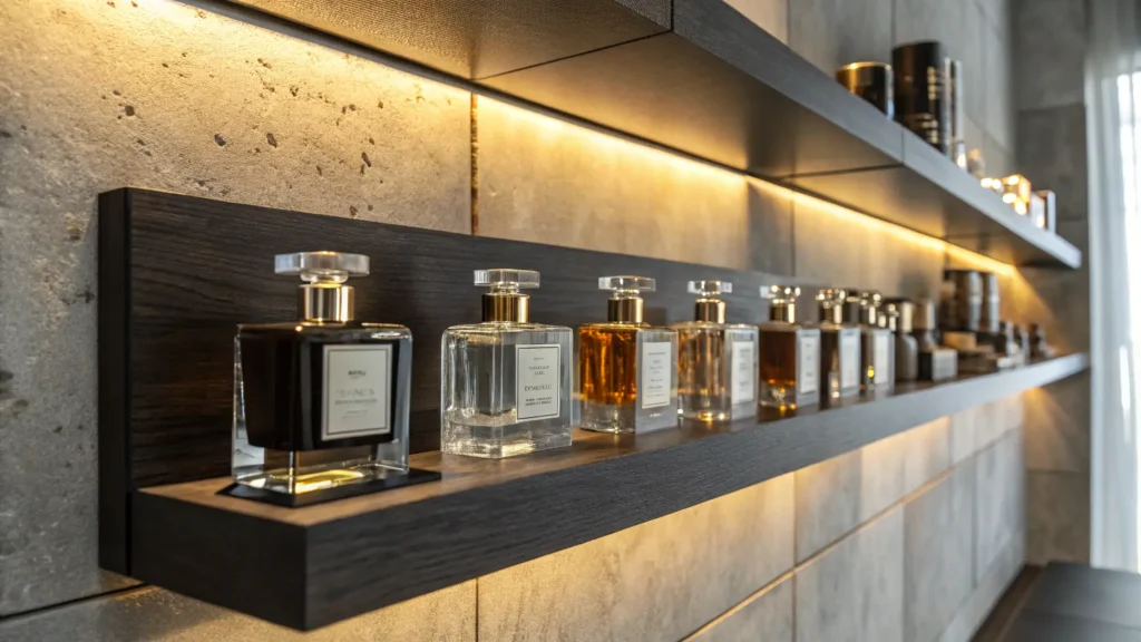 Deretan botol parfum lokal di rak kayu.