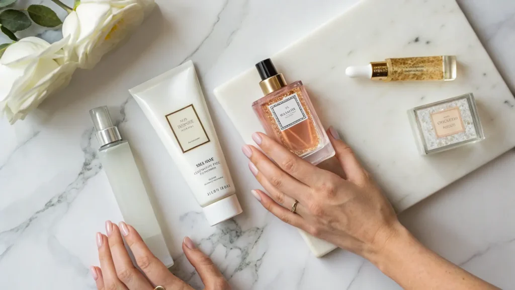 Tangan wanita menata koleksi wewangian seperti body mist dan parfum di atas meja marmer.