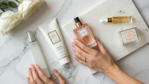 Tangan wanita menata koleksi wewangian seperti body mist dan parfum di atas meja marmer.