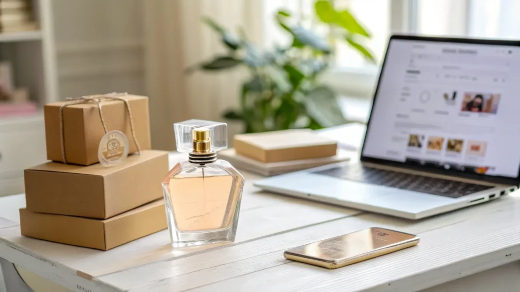 Ilustrasi memulai bisnis parfum, menampilkan botol parfum, kotak stok, dan laptop untuk penjualan online.