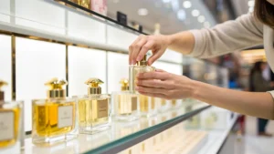 Tangan seseorang sedang memilih sebotol parfum artis dari rak etalase.