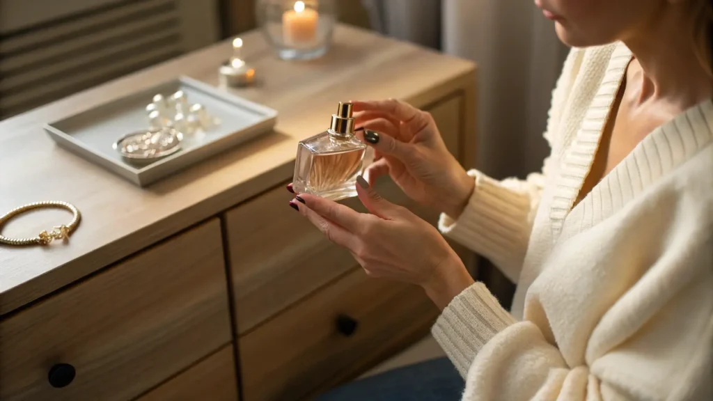 Seorang wanita memegang botol parfum di meja riasnya yang elegan.