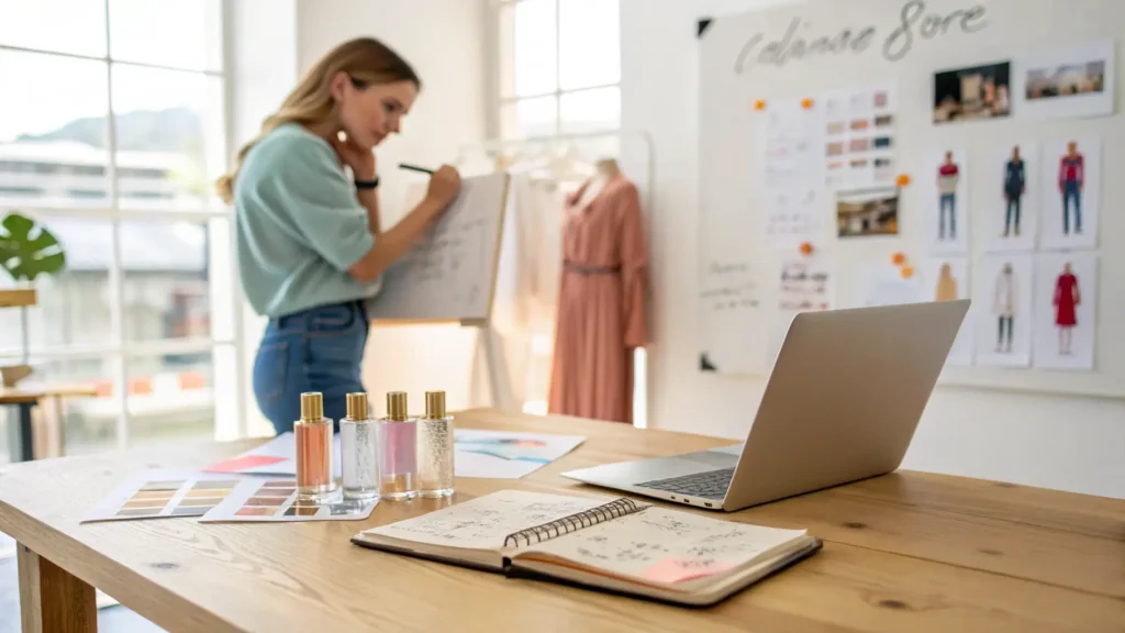 Wanita merancang konsep kampanye parfum di ruang kerja kreatif.