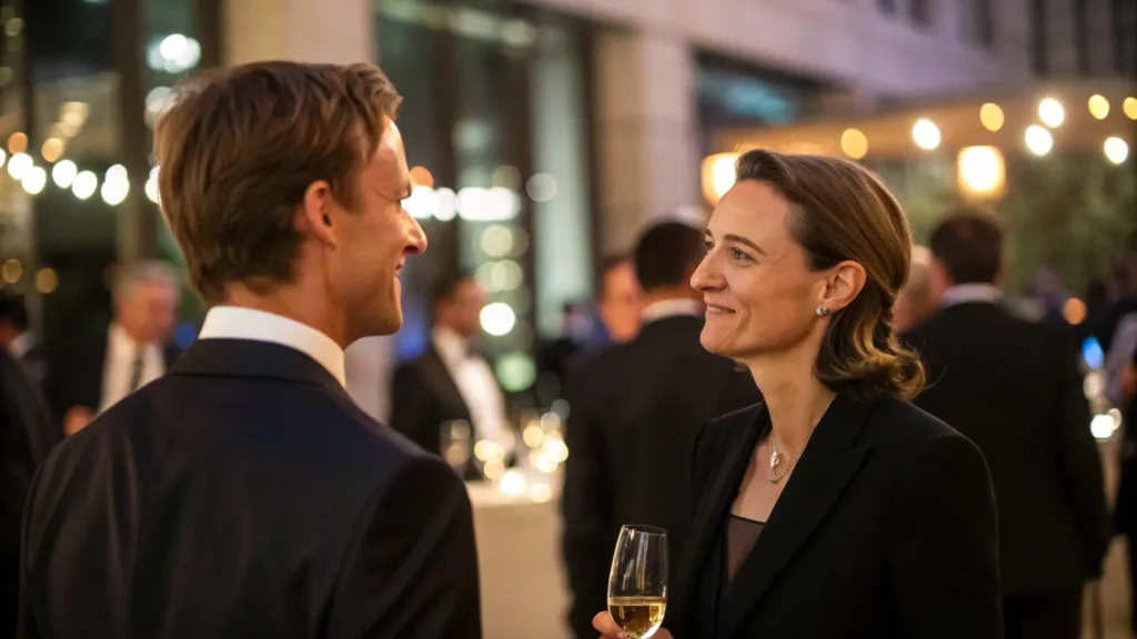 Dua orang profesional berinteraksi dengan percaya diri di sebuah acara formal.