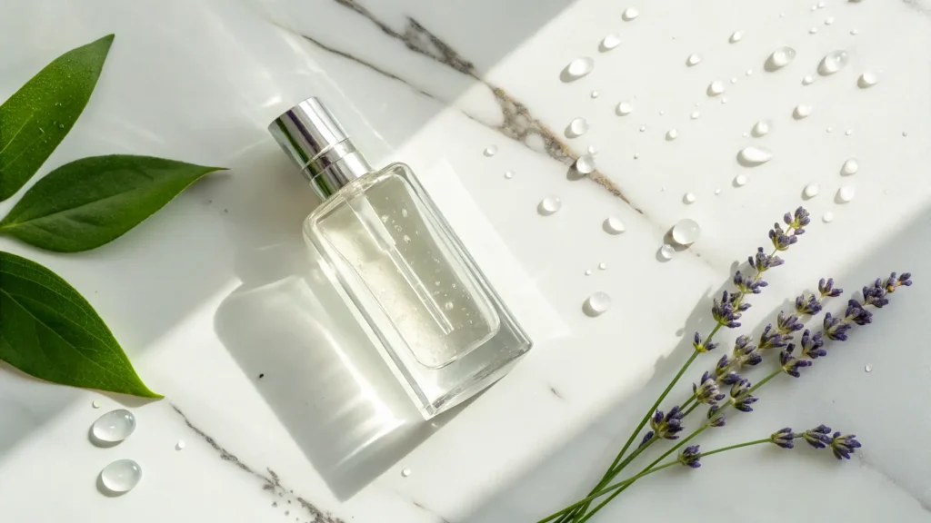Botol parfum di atas marmer dengan daun, lavender, dan percikan air.