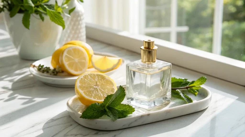 Botol parfum di nampan marmer dengan lemon segar dan daun mint.