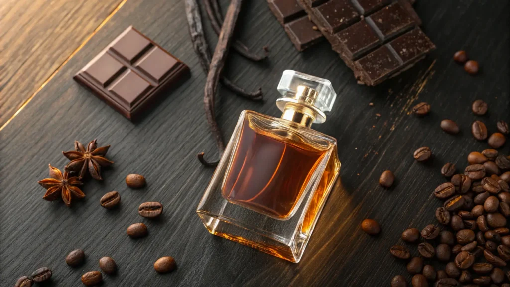 Sebotol parfum gourmand di antara biji kopi, cokelat, dan vanila di atas meja gelap.