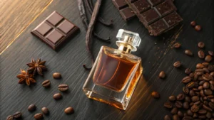 Sebotol parfum gourmand di antara biji kopi, cokelat, dan vanila di atas meja gelap.
