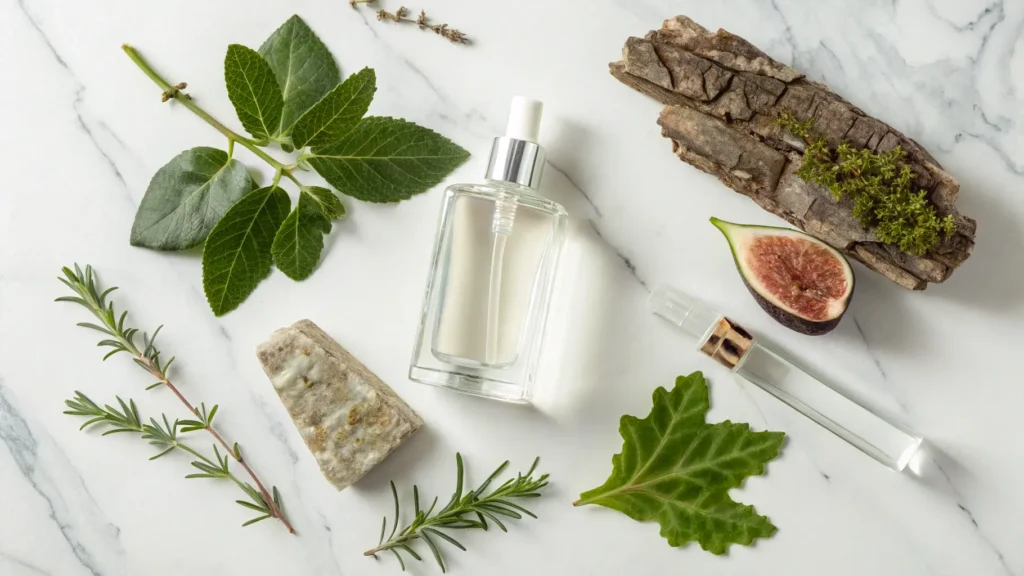 Botol parfum dikelilingi bahan alami green notes seperti daun, buah ara, dan oakmoss di atas marmer.