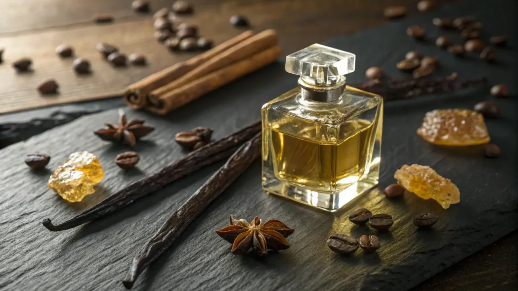 Botol parfum oriental dikelilingi rempah seperti vanila dan kayu manis.