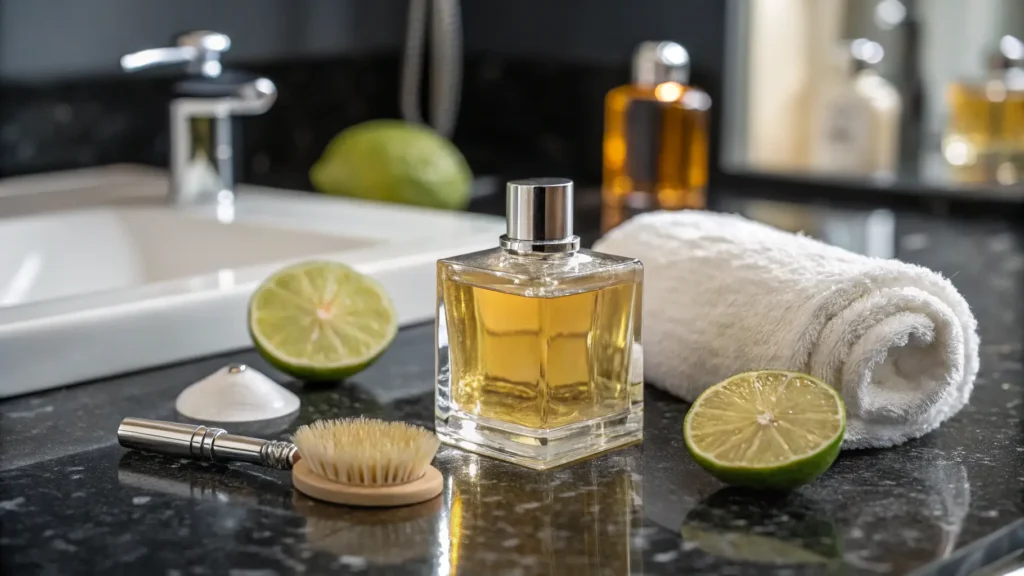 Botol parfum pria di atas meja marmer dengan handuk dan potongan jeruk nipis segar.