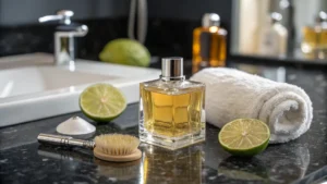 Botol parfum pria di atas meja marmer dengan handuk dan potongan jeruk nipis segar.