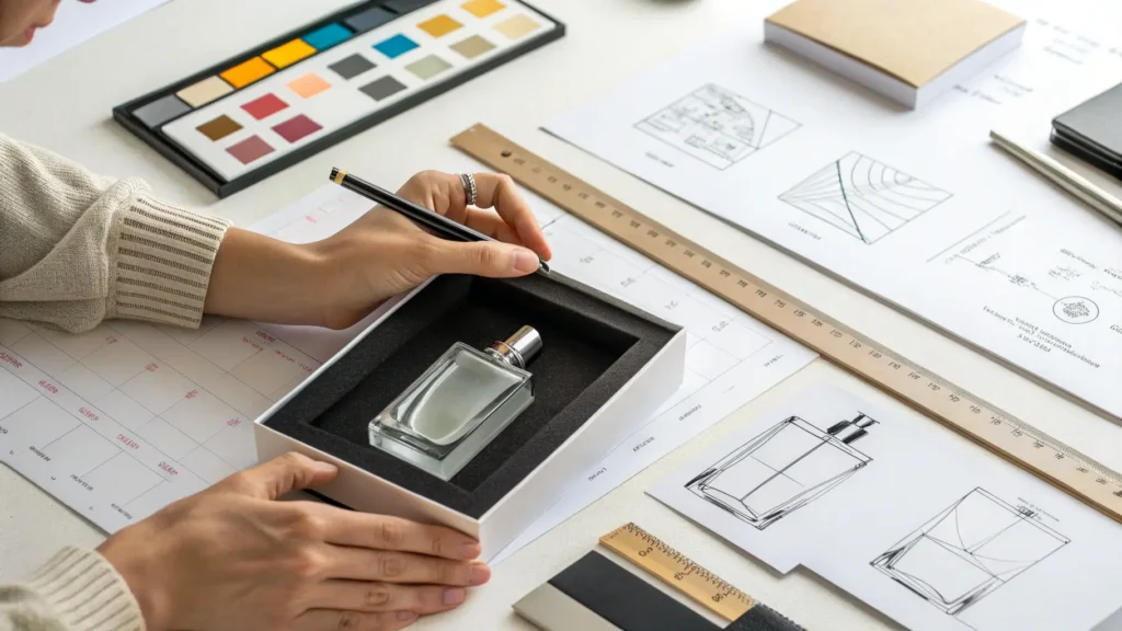 Tangan seorang desainer sedang merancang kemasan untuk botol parfum di meja kerja.