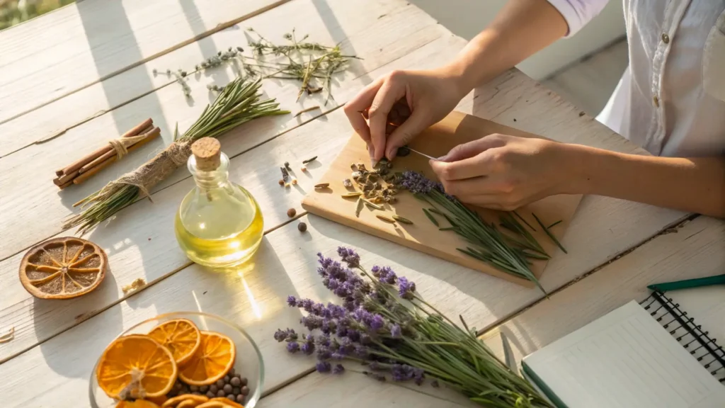 Tangan sedang meracik bahan parfum alami seperti lavender dan herbal di meja kayu.