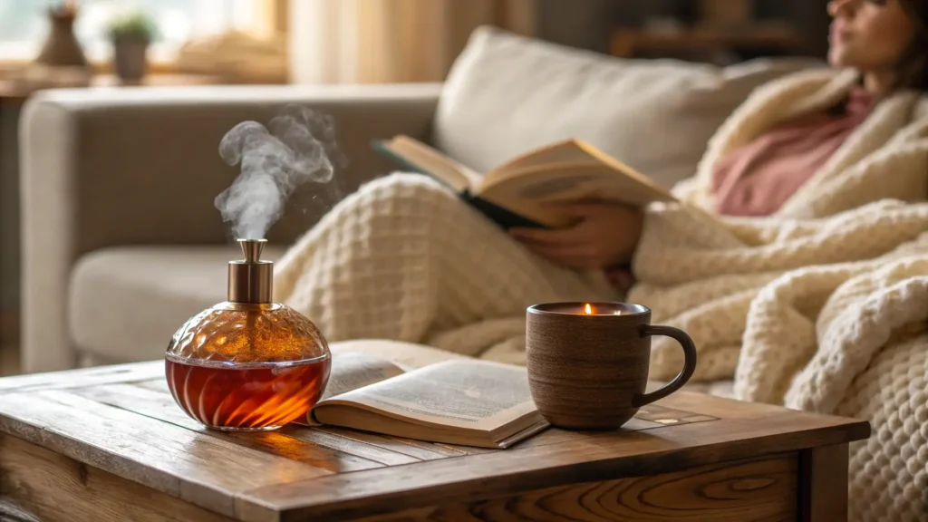 Wanita bersantai di sofa dengan buku dan diffuser wewangian di atas meja.