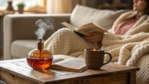 Wanita bersantai di sofa dengan buku dan diffuser wewangian di atas meja.