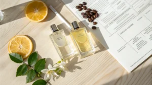 Botol parfum, bahan alami, dan dokumen standar keamanan IFRA.