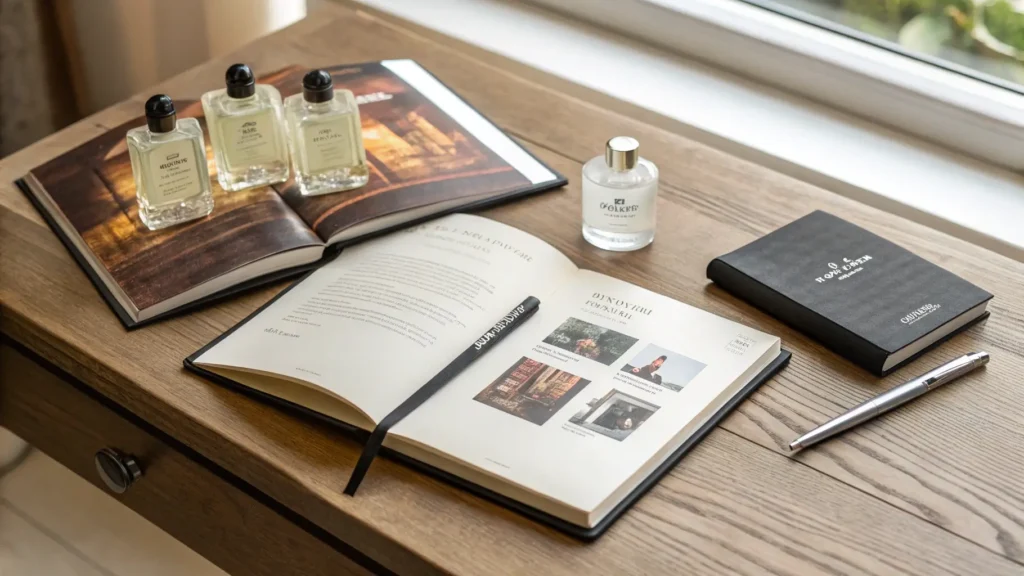 Meja kerja dengan buku, pena, dan botol parfum untuk perencanaan brand.