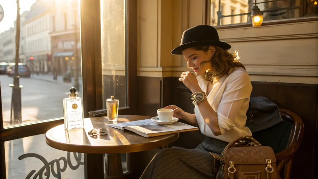 Seorang wanita elegan di kafe dengan sebotol parfum di atas meja.