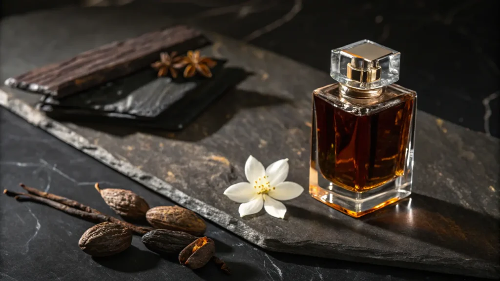 Botol parfum aroma oud elegan dengan bahan-bahan seperti bunga, vanila, dan rempah.