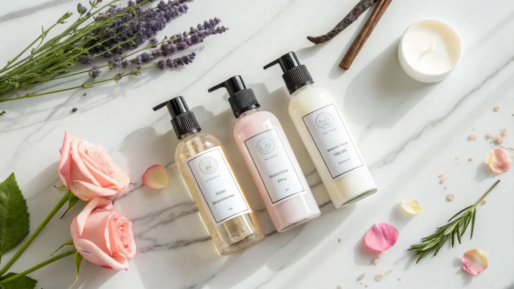 Tiga botol body lotion di atas meja marmer dengan bahan wewangian alami seperti mawar dan lavender.