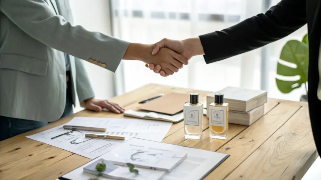 Dua orang berjabat tangan sebagai simbol kemitraan bisnis parfum yang etis.