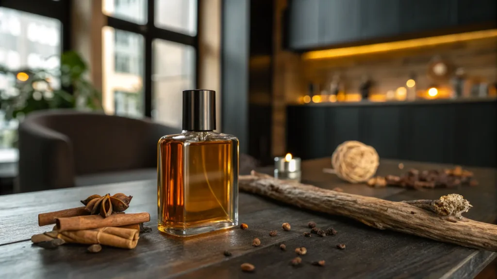 Botol parfum woody di atas meja kayu dengan rempah seperti kayu manis, menciptakan kesan hangat dan maskulin.