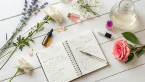 Meja kayu putih dengan bunga mawar, lavender, buku catatan, dan botol esensial untuk meracik parfum floral.