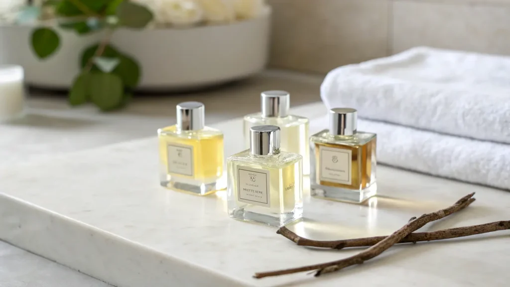 Empat botol parfum aroma musk yang elegan tersusun di atas meja marmer putih.