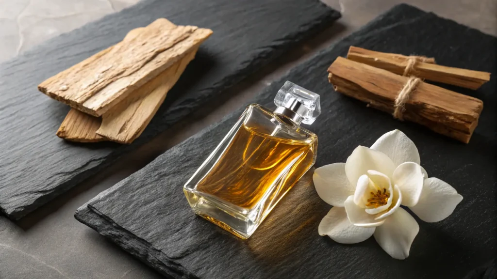 Botol parfum kaca di atas batu hitam, diapit potongan kayu cendana dan sekuntum bunga putih.