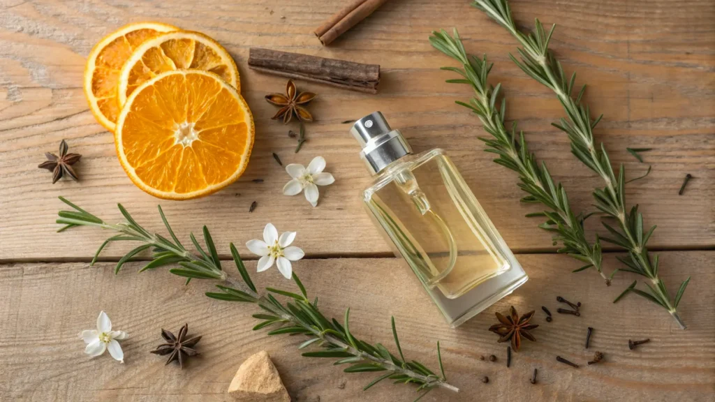 Sebotol parfum dikelilingi irisan jeruk, rosemary, dan rempah